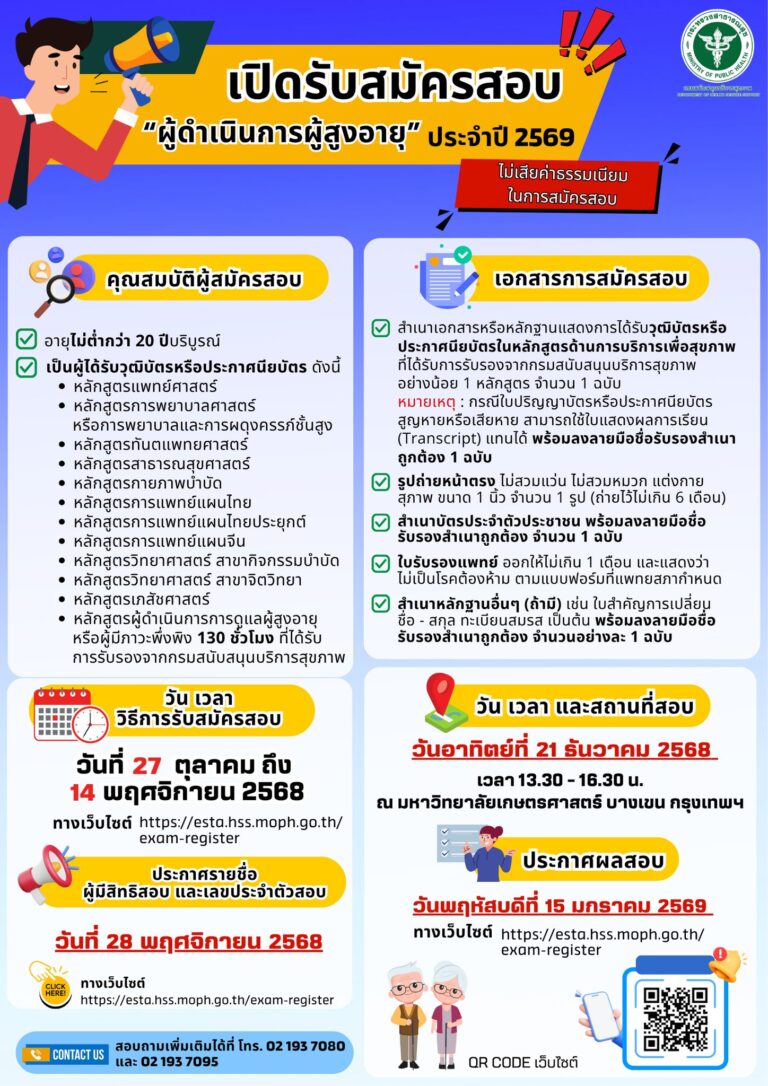 กรมสนับสนุนบริการสุขภาพ เปิดรับสมัครสอบ และประเมินความรู้ความสามารถของผู้ขอรับใบอนุญาตเป็นผู้ดำเนินการในสถานประกอบการเพื่อสุขภาพ ประจำปี 2569